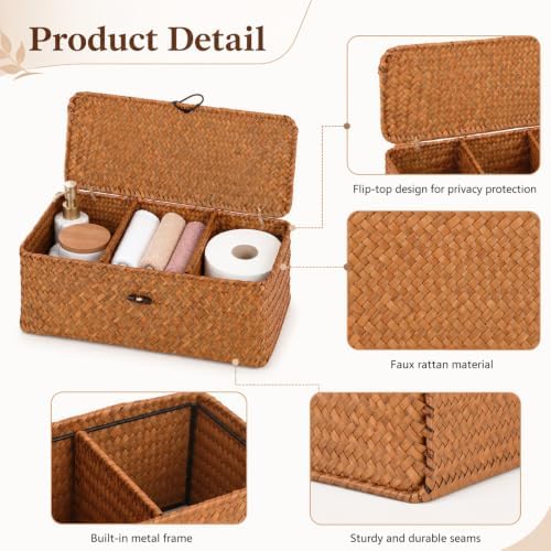2Pcs Wicker Storage Basket with Lid, Toilet Tank Basket with Lid, Decorative Seagrass Storage Baskets for Shelf Bathroom Toilet Table - Image 3