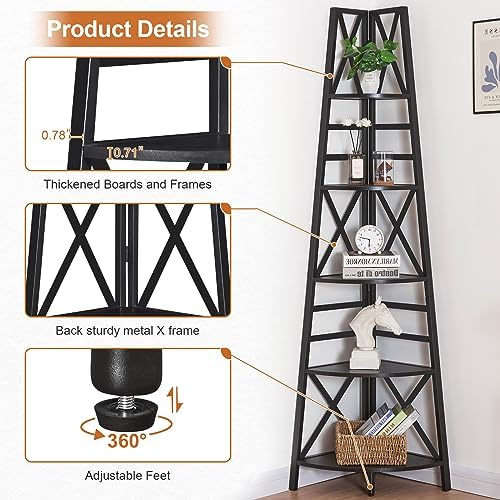 HOMBAZAAR 5 Tier Corner Shelf,72 Inch Tall Corner Bookshelf,Black - Image 6