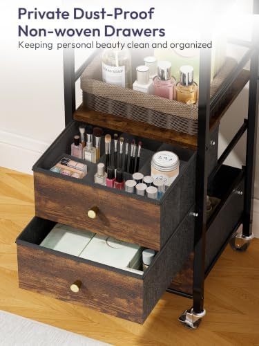 SWTYMIKI Makeup Organizer Cart with Mirror - Makeup Storage Vanity Dresser with Non-Woven Drawers, 360° Rotating HD Mirror, Rolling Organizer Cart for Skin Care Perfume Nail Polish Hair Tool Espresso - Image 5
