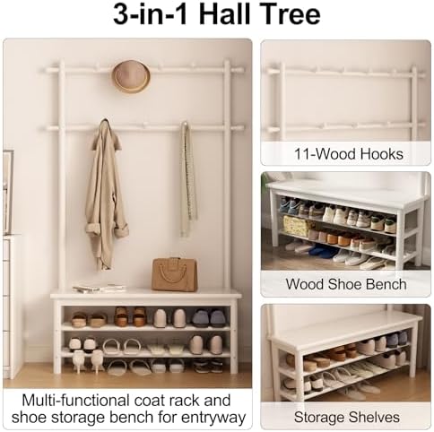 AQIMUELE Coat Rack with Shoe Storage, Wooden Hall Tree with Bench, 11 Hooks and 2-Tier Storage Shelves, 3-in-1, Entryway Bench with Coat Rack (39.3"-Deep White) - Image 3