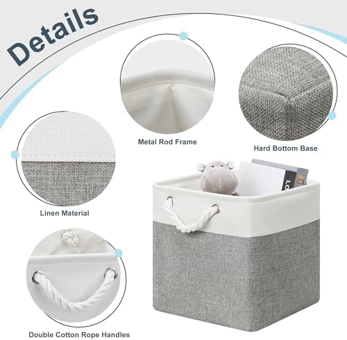 Posprica 11×11×11 Storage Cubes, Collapsible Storage Bins Organizer for Closet, Fabric Storage Box with Cotton Rope Handles, Decorative Storage Baskets for Shelves, set of 6 - White/Gray - Image 4