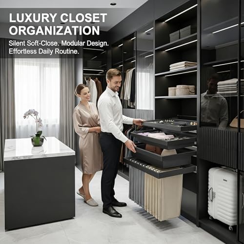 Luxury 4-Piece Pull Out Closet Organizer Set - Integrated Wardrobe System with Jewelry Tray, Underwear Box, Non-Slip Pants Rack & Large Storage Basket - Lychee Leather Lined, Soft Close - Image 5