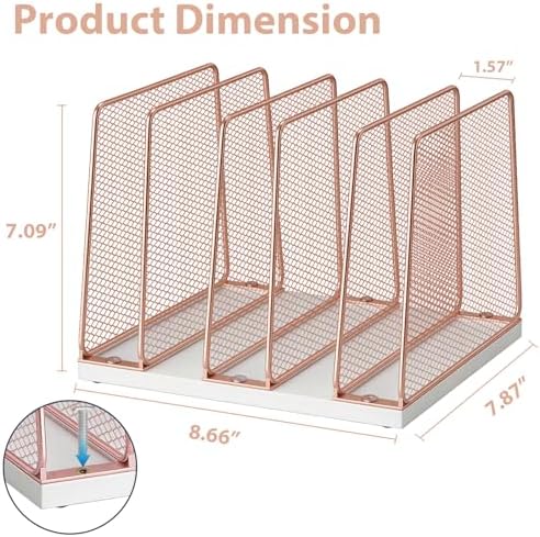 LEKETREE Rose Gold Desk File Organizer, 5-Section Upright File Sorter, Vertical File Folder Holder, Mesh Metal Wood Office Desktop Organization for Document, Magazine, Books and more (Rose Gold) - Image 6