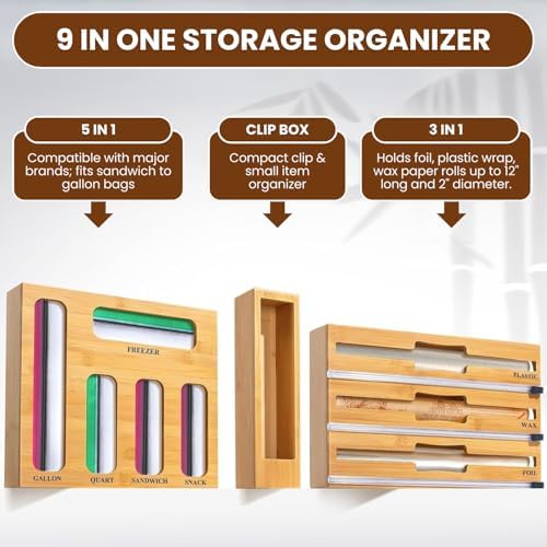 9-in-1 Bamboo Kitchen Drawer Organizer - Storage Bag Holder with Built-In Foil & Wrap Cutter Dispenser - Wooden Food Storage Bag Organizer for Gallon, Quart, Sandwich and Snack Sizes - Image 5