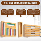 9-in-1 Bamboo Kitchen Drawer Organizer - Storage Bag Holder with Built-In Foil & Wrap Cutter Dispenser - Wooden Food Storage Bag Organizer for Gallon, Quart, Sandwich and Snack Sizes - Image 5