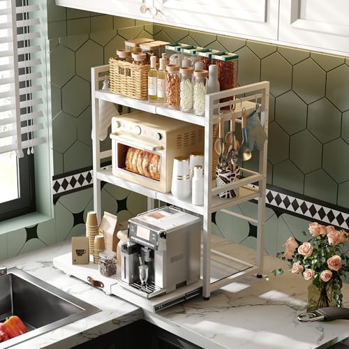 NETEL Expandable Microwave Stand,3 Tier Metal Kitchen Countertop Organizer Shelves with 8 Hooks,Bakers Rack,Pull-Out Microwave Shelf,Metal Storage Shelves,110lbs Weight Capacity,White - Image 2