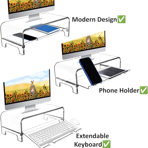 AMT 2 Tier 5.7 Inch High Acrylic Laptop Monitor Stand & Computer Riser with Cat Keyboard Protector, Space-Saving Design, Extra Storage, Clear Shelf - Ideal for Monitors, Laptops, Printers, Desktop - Image 3