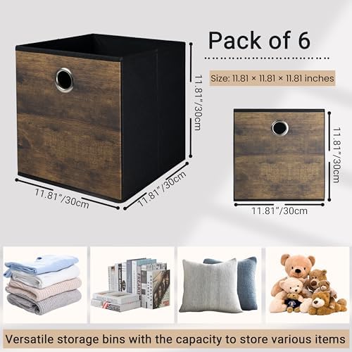 6-Pack Durable Cube Storage Bin with Decorative Wood Grain,Thickened Fabric Storage Basket Space-saving Cubby Boxes for Shelves,Closet,Bedroom,Office,Nursery,Dorm,RV, 12x12x12in (Medium - Image 2