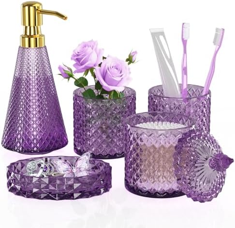 Purple Glass Bathroom Accessories Set 5 Pcs, Purple Bathroom Set, Soap Dispenser and Toothbrush Holder Set, Qtip Holder Set, Vintage Bathroom Sink Set, Cute Bathroom Decor by QIQU