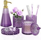 Purple Glass Bathroom Accessories Set 5 Pcs, Purple Bathroom Set, Soap Dispenser and Toothbrush Holder Set, Qtip Holder Set, Vintage Bathroom Sink Set, Cute Bathroom Decor by QIQU