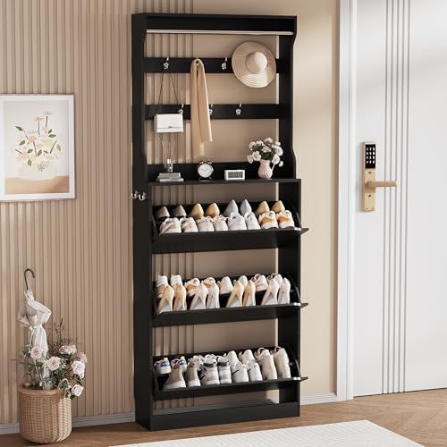 Black Hidden Shoe Cabinet with 3 Flip Drawers & Coat Rack, Entryway by Boonatu