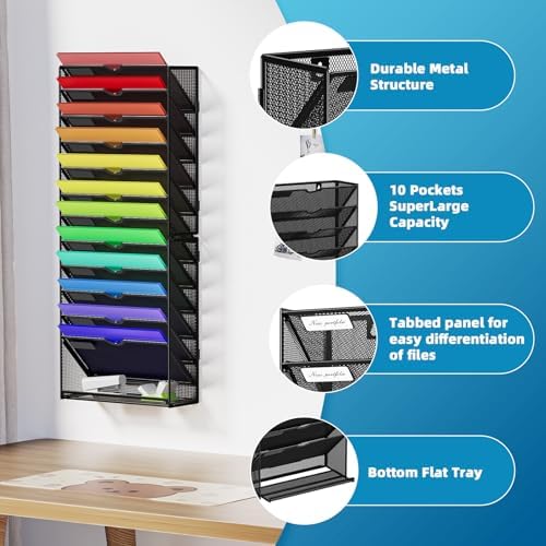 Marbrasse Wall File Holder 13-Tier Hanging Wall File Organizer, for Papers, Files Clipboard & Magazine Organizer, Wall Mount File Holder Great for Office Home (Black) - Image 3