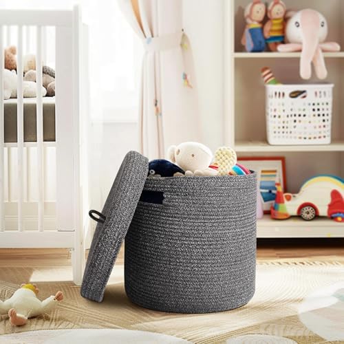 Storage Basket with Lid, Woven Blanket Storage for Living Room, Cute Cotton Rope Bin with Lid, Round Wicker Laundry Basket with Cover, Decorative Kid Dog Toy Box, Nursery Organizer, 15"x13" - Image 5