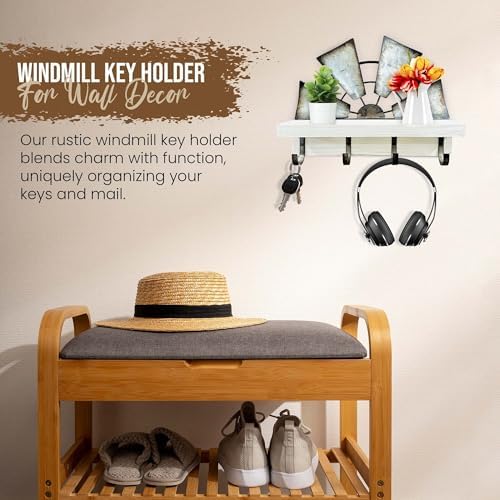 Windmill Key Holder Wall Mount, Decorative Wall Mounted Key and Mail Rack with Shelf, Farmhouse Wall Decor, 4 Rustic Hooks for Coats & Keys, White Western Key Holder. - Image 3