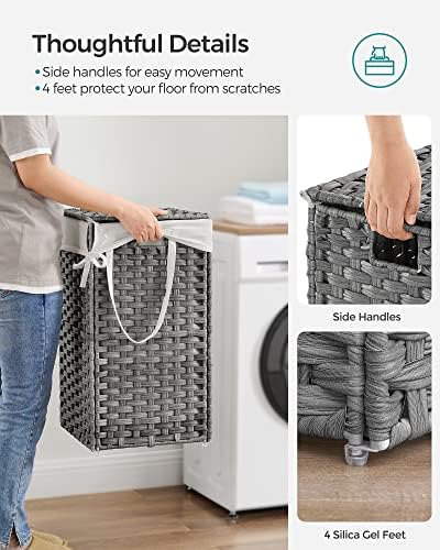 SONGMICS Laundry Hamper with Lid, 17.2 Gallon (65 L) Synthetic Rattan Clothes Laundry Basket with Lid and Handles, Foldable, Removable Liner, Dove Gray ULCB165G01 - Image 4