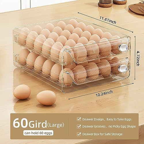 60 Eggs Organizer for Refrigerator, Large Egg Holder for Fridge, Clear Egg Container for Refrigerator, Stackable Egg Storage Trays for Countertop, Egg Drawer Dispenser, Egg Storage Container - Image 3