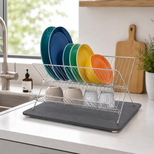 Stone Drying Mat for Kitchen Counter, Stone Dish Drying Mat with 4 Wooden Feet & Foldable Stainless Steel Dish Drying Rack for Sink Area, Apartment, RV & Small Household Kitchen by Unknown