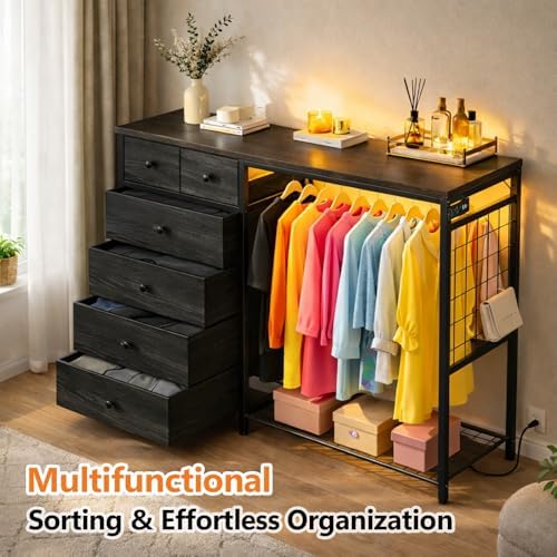 Simple Deluxe Storage Clothes Rack with 6 Drawers, Charging Station & LED Lights, Fabric Chest Shelves Clothing Rack, Wooden Portable Wardrobe Closet, 49.2" W x 15.7" D x 47.2" H, Black - Image 6