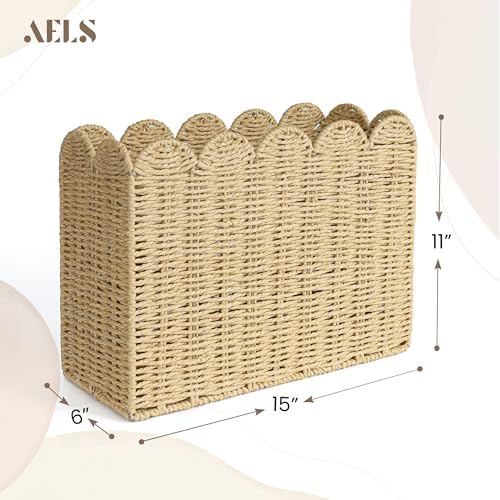 AELS Woven Natural Fibre Magazine Holder, Scalloped Edge Floor Magazine Rack, Hand-woven Organizer, Boho Modern Farmhouse Book Basket, File Newspaper Mail Holder for Office - Image 2
