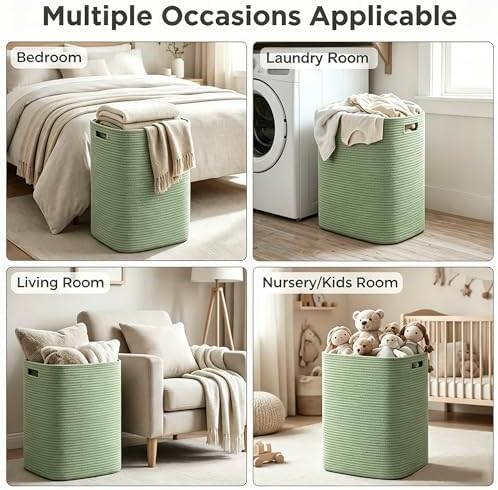 MEGASKET Large Laundry Hamper 16"x13"x22" - Tall Woven Baby Laundry Basket, Decorative Cotton Rope Dirty Clothes Hamper Bin, Green Room Decor, Bedroom Bathroom Aesthetic, Soft Green Hamper, 75L - Image 7
