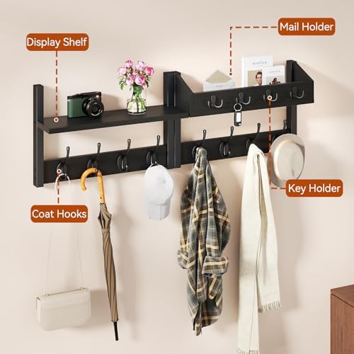 YMYNY 31.5" Coat and Key Rack Wall Mount with Shelf, Black, HWS007B-2 - Image 4