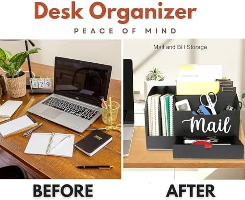 Wood Desk Organizer, Mail Organizer Countertop with Drawer, Black - Image 6