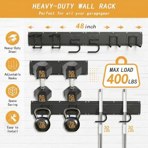 CBWLWJ Garage Tool Organizer Wall Mount, 48 inch Garage Wall Organizer, 400lbs Sturdy Garden Tool Organizer with 6 Adjustable Hooks, for Yard, Shed, Basement, Workshop(Black) - Image 3