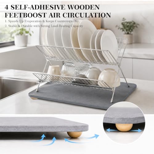 Stone Drying Mat for Kitchen Counter, Stone Dish Drying Mat with 4 Wooden Feet & Foldable Stainless Steel Dish Drying Rack for Sink Area, Apartment, RV & Small Household Kitchen - Image 4
