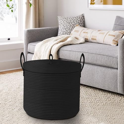 18" X 14" Large Black Basket with Lid, Cotton Rope Storage Basket for Blanket, Toy, Pillow, Towel, Living Room Bedroom Storage Bin, Wicker Woven All Black Organizing Bin with Cover - Image 6