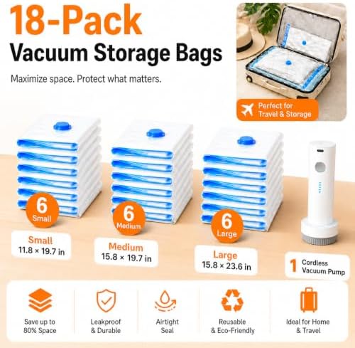 18 Pack Vacuum Bags for Travel with Rechargeable Pump, Save Luggage Space - Image 2