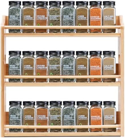3 Tier Bamboo Spice Rack Organizer for Kitchen Countertop or Wall Mounting by BAMBITION