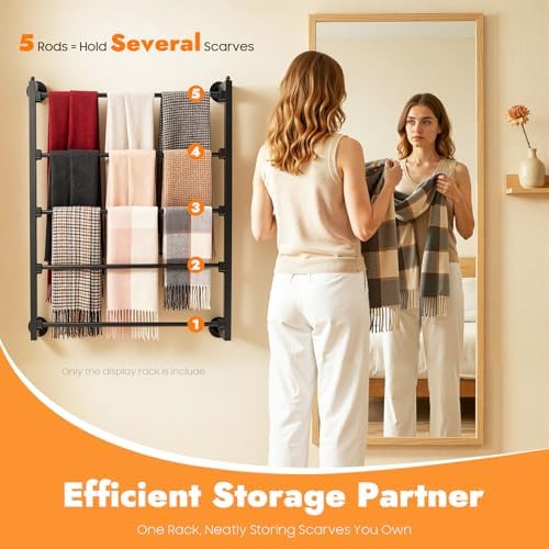 TFCFL 5 Tier Wall Mounted Scarf Rack, Retail Display Tie & Scarf, Belt Towel Hold, Ribbons Rack, Space-Saving Wrapping Paper Organizer Ribbon Holder (Black) - Image 3