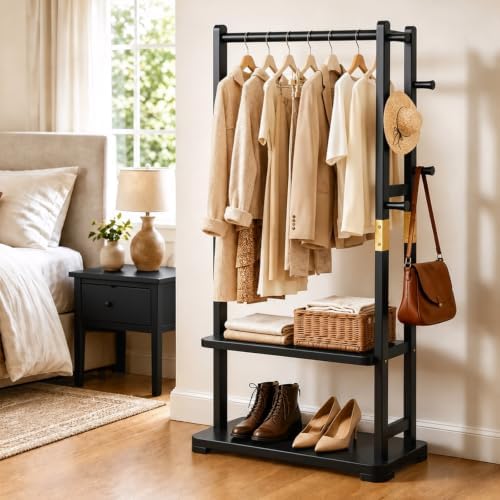 Taitiy Coat Rack, Solid Wood Freestanding Clothing Rack, 2 Shelves 5 Hooks by Taitiy