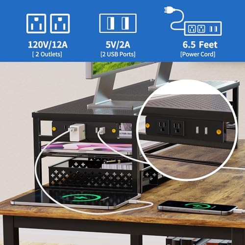 Simple Trending 2-Tier Metal Dual Monitor Stand with USB & 2 Drawers, Black - Image 4