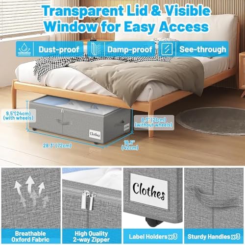 Under Bed Storage with Wheels, 2-Pack 10" Height XXL 75L Rolling Storage Bins, Quick Assembly Underbed Shoe Storage Containers with Clear Lid & Label, Dorm Under Bed Drawers for Clothes, Shoes, Grey - Image 3