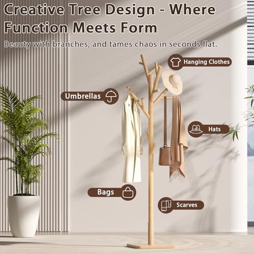 Solid Wood Coat Rack - Freestanding Coat Hat Rack Stand with 14 Hooks, Clothes Rack Heavy Duty Space Saving Entryway Coat Tree Hanger Rack for Coats Jackets Hats Bags, Adjustable Height (Natural) - Image 4