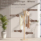 Solid Wood Coat Rack - Freestanding Coat Hat Rack Stand with 14 Hooks, Clothes Rack Heavy Duty Space Saving Entryway Coat Tree Hanger Rack for Coats Jackets Hats Bags, Adjustable Height (Natural) - Image 4