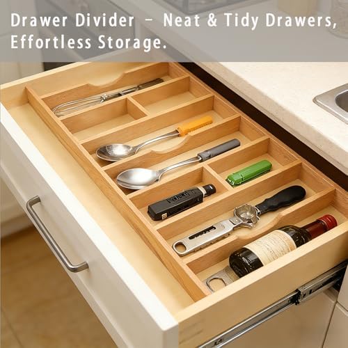 Silverware Drawer Organizer - Trim-to-Fit with Adjustable Dividers for Kitchen Utensil Storage, Beech Wood Frame with 11 Sizes (10.24" W x 22" D) - Image 4