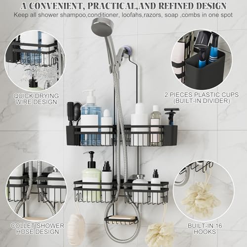 Shower Caddy Hanging for Bathroom Organizers and Storage - 3-Tier Adjustable Anti-Swing Shower Organizer Hanging with Heavy-Duty Suction Cups, Damage-Free Rustproof (Black) - Image 5