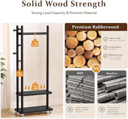 Taitiy Coat Rack Solid Wood Stand Storage 2 Shelves 4 Hooks Entryway - Image 5