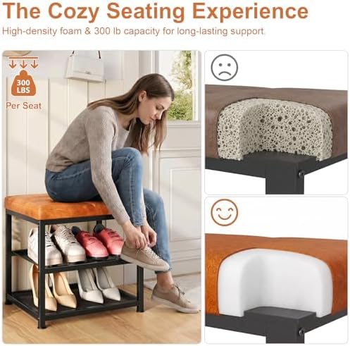 DreamDashio Set of 2 Small Shoe Storage Benches with PU Leather Cushion, 3-Tier Shoe Rack Organizer for Entryway, Metal Mesh Shelves, Holds Up to 300 lbs, Brown (31.5"x11.4"x17.5") - Image 4