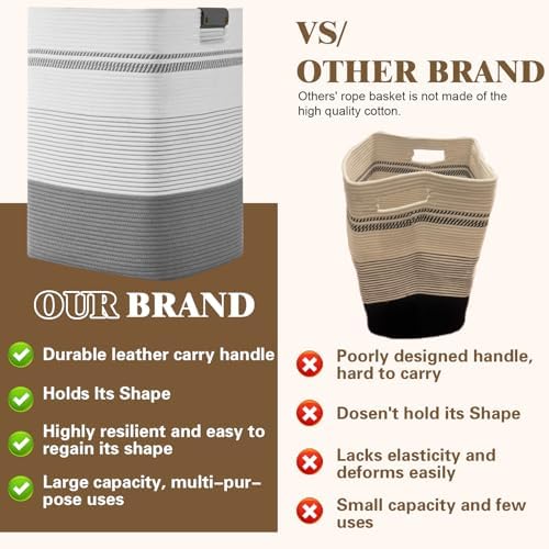 Laundry Hamper, 105L Tall Laundry Basket with Leather Handles, Rectangle Large Clothes Hamper for Organizing, Cotton Woven Laundry Baskets Storage Hampers for Bedroom, Nursery, Living Room - Image 6