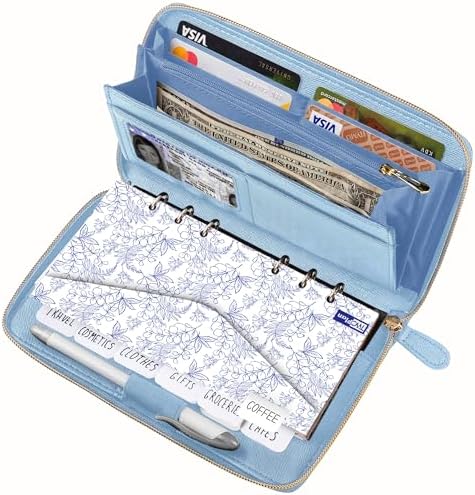 Three Way Cut Cash Envelope Wallet Azure All in One Budget System RFID Blocking with 12x Tabbed Envelopes 12x Monthly Budget Cards 1x Yearly Budget Planner Sheet Complete Money Organizer Set by ThreeWayCut