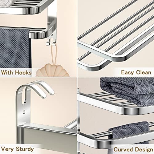 15 Inch Bathroom Towel Rack Towel Shelf with Double Towel Bars Lavatory Wall Mount Holder with Hooks Stainless Steel Hotel Bath Rack - Image 4