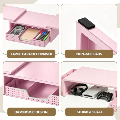 LEKETREE Dual Monitor Stand Riser with Drawer and 2 Pen Holders, Pink - Image 6