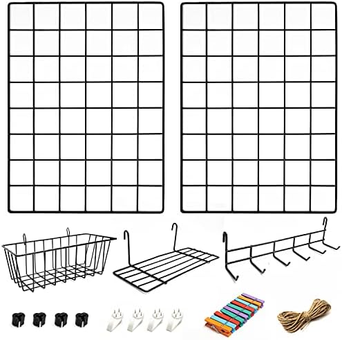 ODOXIA 2 Pack Wire Wall Grid Panel With Accessories | Includes Hanging Basket, Shelf & Hook Rack | Photo Grid Wall Panels | Hanging Home, Office & Kitchen Décor | Metal & Black by Odoxia