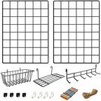 ODOXIA 2 Pack Wire Wall Grid Panel With Accessories | Includes Hanging Basket, Shelf & Hook Rack | Photo Grid Wall Panels | Hanging Home, Office & Kitchen Décor | Metal & Black by Odoxia