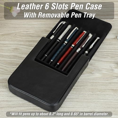 Top Grain Genuine Leather 6 Fountain Pen/Pencil Tray Case, Minimalist Fashion Design, Handmade, Magnetic Closure with Drawer Design, Gift Choice for Man/Woman/Office, Glossy Black, 6 Slots - Image 3