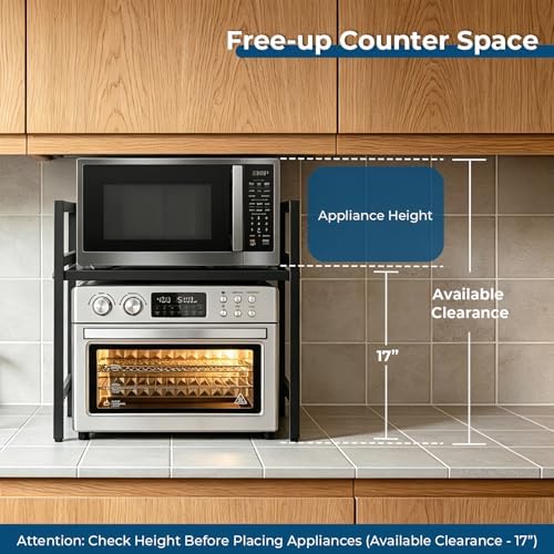 Y YOMA Extendable Microwave Oven Rack, 2 Tier Metal Kitchen Countertop Organizer with 6 Hooks, Adjustable Shelf for Bakers, Holds 60lb, Black - Image 5