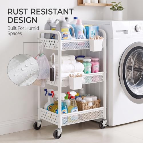 3 Tier Heavy Duty Metal Rolling Storage Cart Organizer with Wheels, White - Image 7